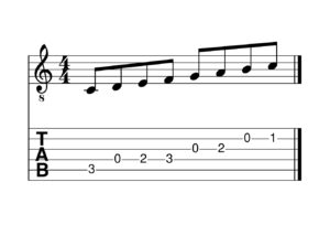 The C Major Scale in Notation and Guitar Tab