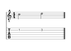 The notes C and D in musical notation and guitar tab.