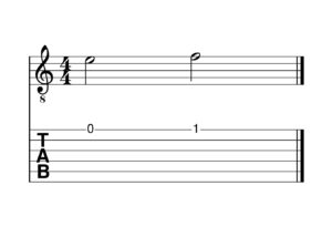 The notes E and F in musical notation and guitar tab.